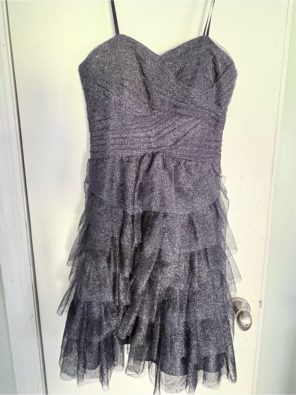 Strapless Metallic Gray Tiered Party Dress